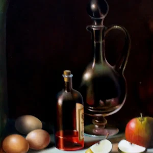 Stilleven met karaf, fles, fruit en eieren
